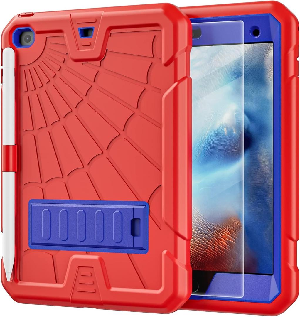 TSQQST iPad mini 4/5 Case for Kids with Glass Screen Protector 2015 2019 | iPad mini 5th 4th Generation Case with Pencil Holder+Stand | Shockproof Rugged Cover for iPad mini 7.9 Inch | Blue+Red