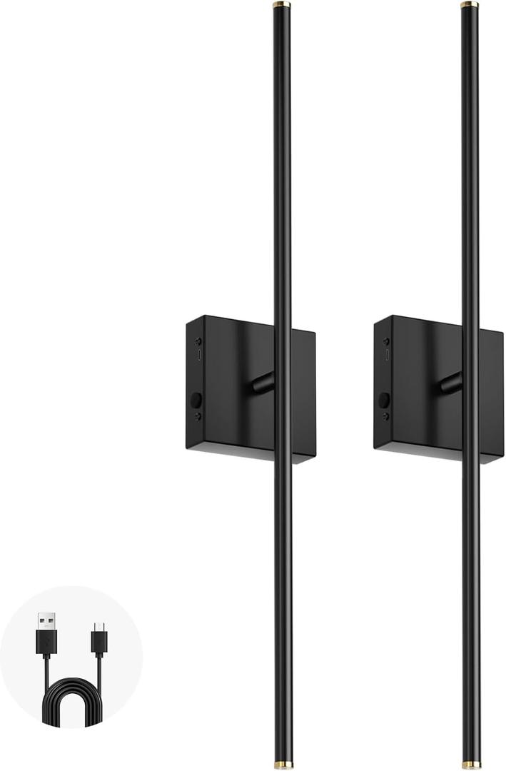 PETLIK Battery Operated Wall Sconces Set of 1, Rechargeable Wall Lights, 2500K-6500K Dimmable Wall Sconces with Remote Control, Night Light, Memory Function, 350°Rotation, 28 Inch (2 Pack)
