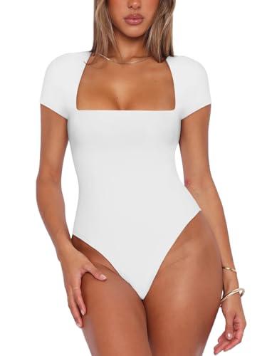 REORIA Womens Fashion Sexy Square Neck Double Lined Fitted Shirts Stretchy Short Sleeve Slimming Going Out Thong Bodysuit Tops White Small