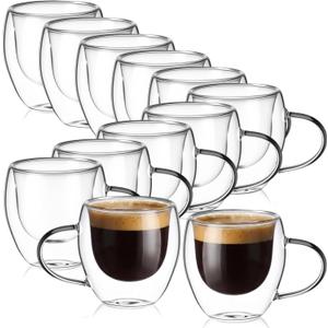 12 Pack Espresso Cups Double Wall 5oz Hand Blown Glass Coffee Mugs Clear Insulated Glass Coffee Shots Cups with Handle for Espresso Machine, Cappuccino, Latte, Tea