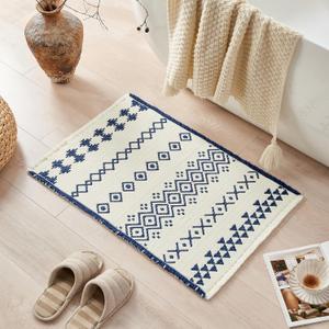 Douceur Boho Bath mat for Bathroom Floor Non Slip, Acrylic Blend Cute Bath Rugs with Tassels, Blue and White Tribal Ethnic Pattern Farmhouse Bathroom Rugs, 24" x 36"