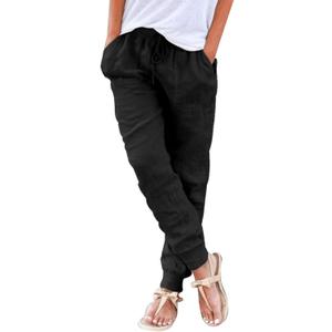 Puimentiua Womens Tapered Pants Cotton Linen Drawstring Back Elastic Waist Pants Casual Trousers with Pockets L