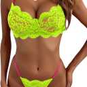 Lilosy Sexy Underwire Push Up Scallop Floral Lace Sheer Lingerie Set for Women Bra and Panty 2 Piece (Large, Neon Green Hot Pink)