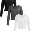 Girl's 3 Pack Long Sleeve T Shirt Square Neck Slim Fit Basic Tee Tops Soft Fall Tops (Black Grey White)