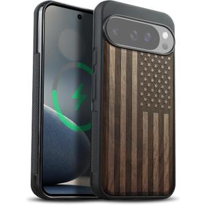 Carveit Magnetic Wooden Case for Google Pixel 10 Pro XL Case, Wood Artisan Engraved & Soft TPU Shockproof Cover, Compatible with MagSafe Wireless Chargers (The Classic American Flag) Walnut