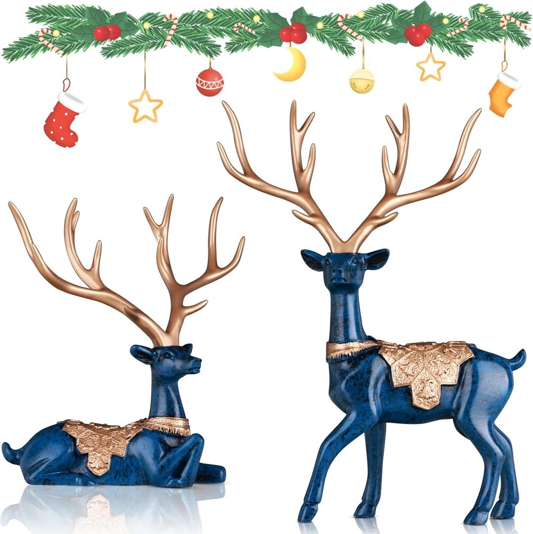 Blue Decorative Christmas Reindeer Sculpture, Small Reindeer Christmas Ornament, Suitable for Home Decor, Indoor Offices, Coffee Tables, Shelves, Entryway Consoles, and Table Centerpieces