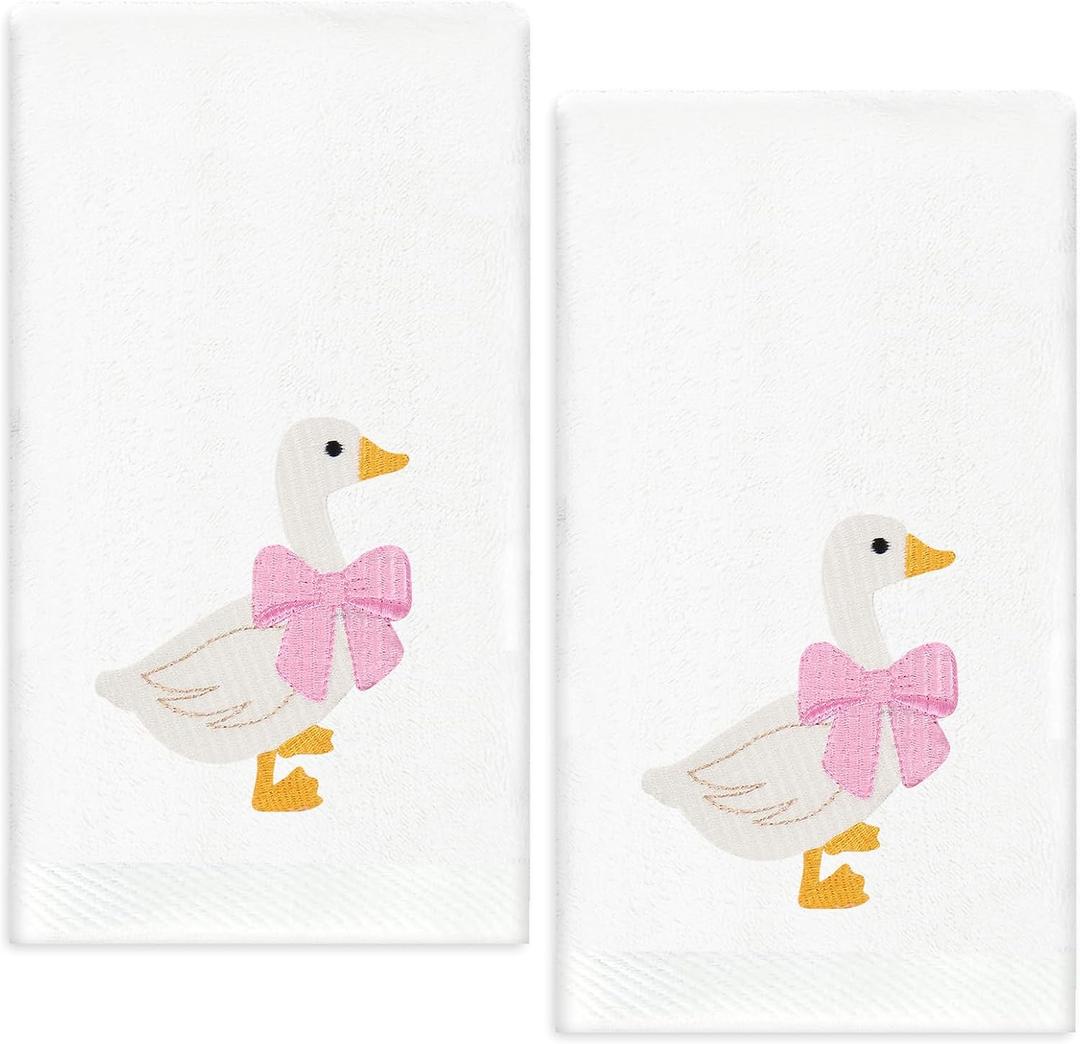 JarThenaAMCS 2 Pack Silly Goose Hand Towels 29.5 x 13.7 Inch Pink Bow Embroidered Cotton Dish Towel Bathroom Decor for Hand Drying Kitchen Cleaning Towel Gift Set