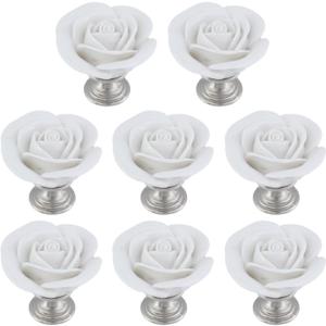 8PCS 1.65" x 1.54" White Rose with Base Knobs Ceramics Flower Shaped Pulls for Cupboard Drawer, with 2 Kinds of Screws