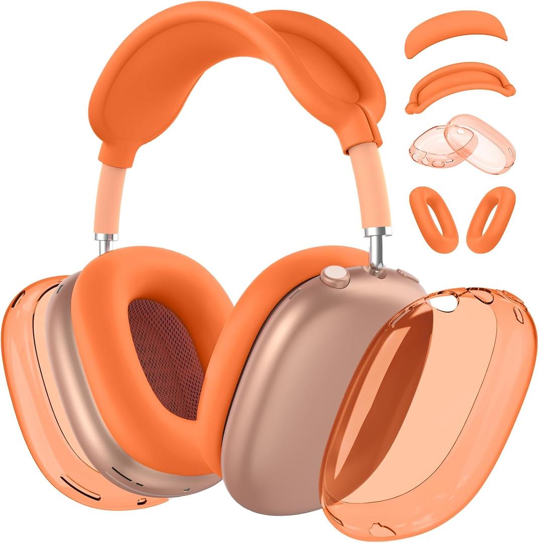 4 in 1Protective Kit for AirPods Max Case Cover, Clear TPU Ear Cups Cover + Silicone Ear Pads Case + Headband Covers, Transparent Silicone Accessories for Apple AirPods Max USB-C (2024/2020), Orange