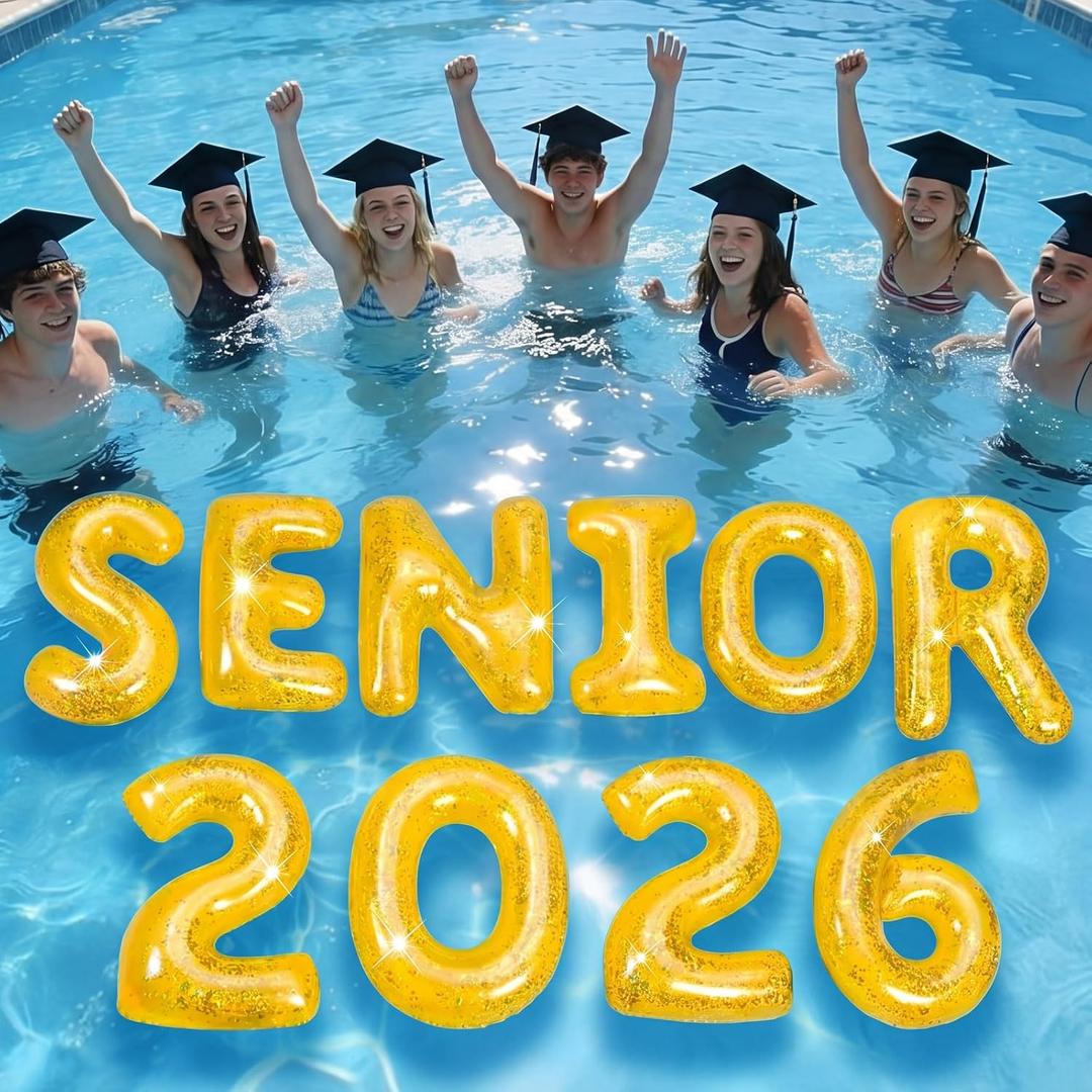 Civaner 10 Pcs Class of 2026 Senior Night Graduation Party Decorations, 20 Inch Glitter Gold Inflatable Pool Float Letters Balloons, Photo Props for Seniors, Summer Grad Supplies for Pool, Grad Party