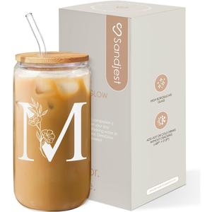 SANDJEST Monogrammed Gifts for Women - Monogram M Initial Glass Cup 16 Oz Can Coffee Cups with Lid and Straw - Monogram Initials Gifts for Womens on Birthday