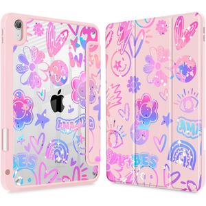 Tuiklol Case for iPad 11 inch (A16 Chip) 2025 Gen 11th / iPad 10.9 inch 2022 10th Gen, Buit in Pencil Holder with Shockproof Cover Clear Transparent Back Shell Auto Wake/Sleep, Fun Emotions Pink