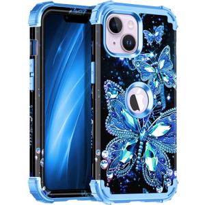 Miqala Compatible with iPhone 13 Case & iPhone 14 Case,Glow in The Dark Three Layer Heavy Duty Shockproof Hard Plastic Bumper+Soft Silicone Protective Case for iPhone 13/14 6.1 inch,Blue Crystal