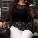 CHICME Womens Long Sleeve Mesh Top Round Neck Lace Floral See Through Blouses Casual Asymmetrical Shirt (Without Tank) (Black, S)