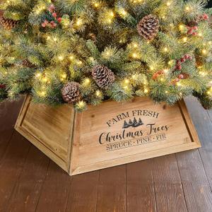 Glitzhome 26" L Natural Wooden Trapezoid Tree Collar, Rustic Christmas Trees Stand Cover Fresh Tree Ring for Home Festive Party Decor