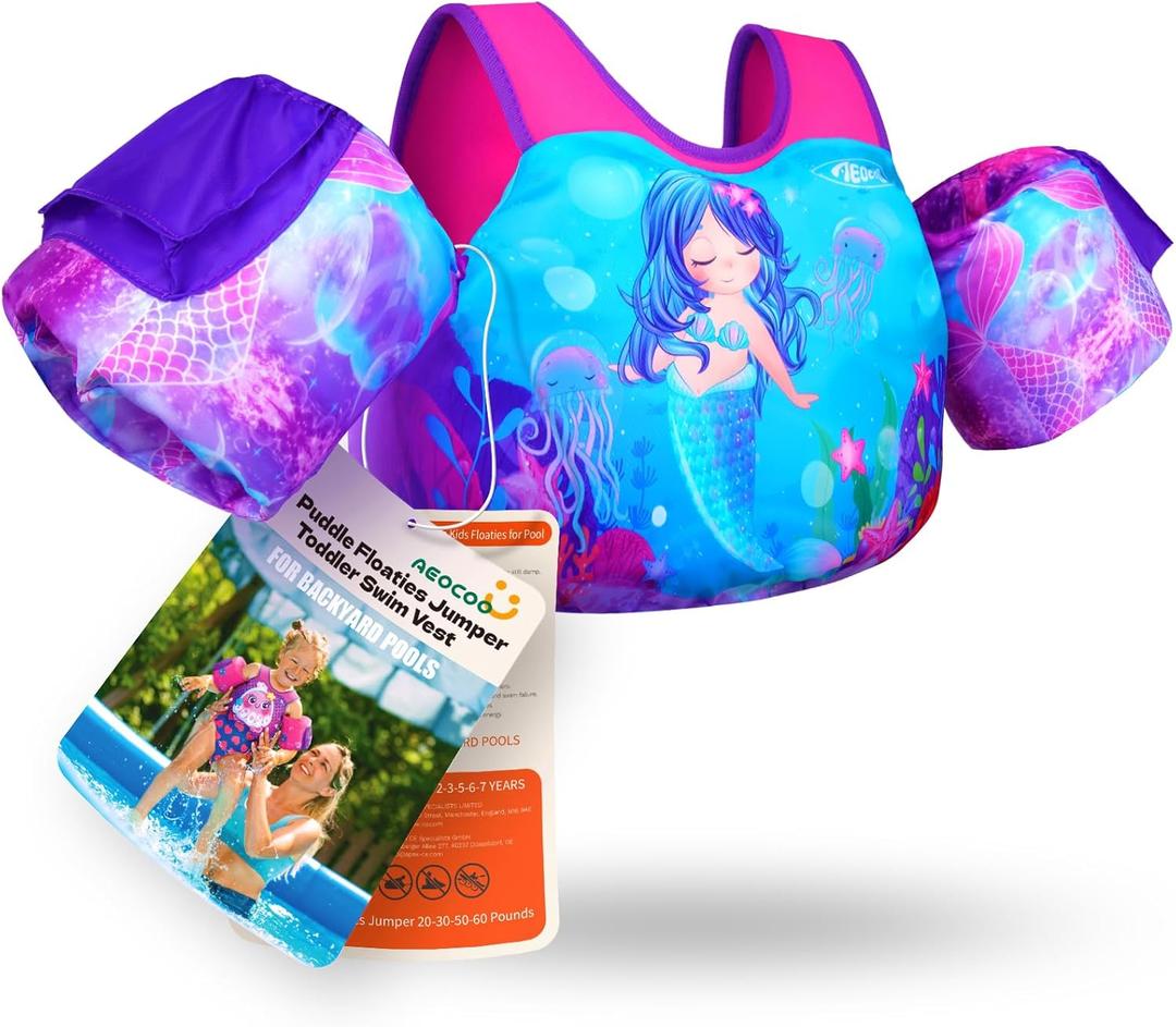 AEOCOO Puddle Float Jumper  Toddler Swim Vest Pool Floats with Swimming Arm Floaties Swim Jacket & Water Wings for Kids Swimmies, Boys, Girls, Nios, Mermaid, L, Fit 30-66 lbs, 2-7 Years