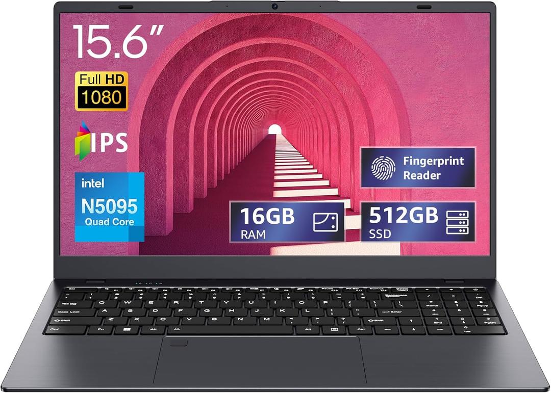 15.6-inch, 16GB RAM, 512GB SSD, FHD IPS Display Laptop Computer, N5095 Quad Core, 2.4/5G WiFi, BT4.2 Backlit and Fingerprint, Lightweight and Portable (Gray)