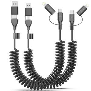 2 Pack Coiled USB-C and Lightning Cable 2-in-1, 3FT iPhone 15 16 Car Charger Cord, 60W Fast Charging Cable for iPhone 16, Samsung Galaxy, Supports Apple CarPlay & Android Auto (Black)
