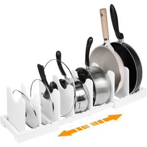 MinBoo Bamboo Expandable Pot Lid Organizer, Pot and Pan Organizer Drawer Organizer for Pot Lids, Adjustable Dividers for Kitchen Cabinet Organizers and Storage,White,Small