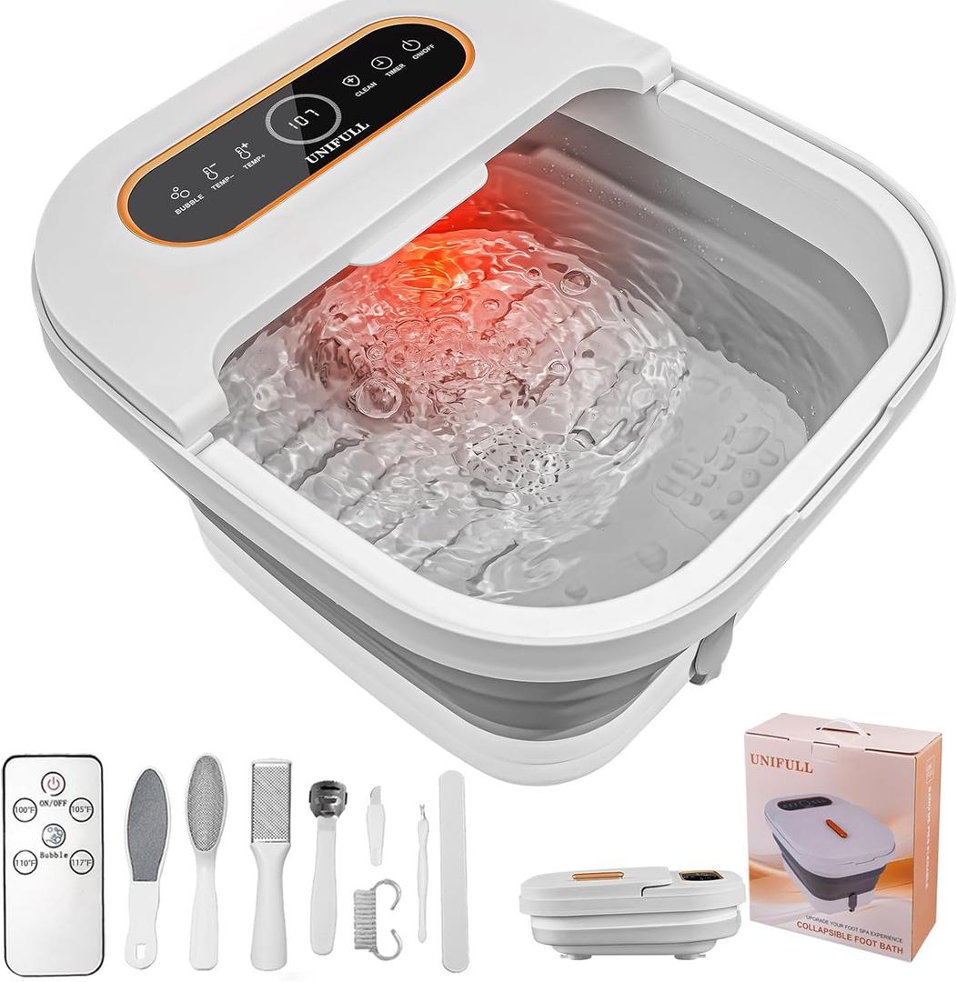 UNIFULL Collapsible Foot Spa Bath with Heat, Touch Screen, Remote Control, Massage Rollers, Timer, Bubble, Foot Pedicure Kit, Temperature Control Pedicure Foot Spa, Foot Bath