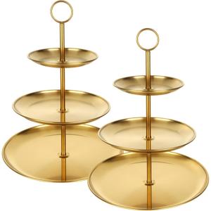 QTLCOHD 2Pcs 3 Tier Gold Cupcake Stand Stainless Steel Cupcake Tower Gold Tiered Dessert Stand Cup Cake Tier Stand Gold Serving Tray for Wedding Birthday Party