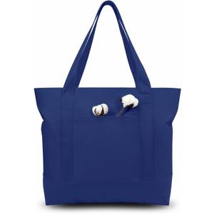 TOPDesign 30-Pack Canvas Tote Bags with an External Pocket, Reusable Grocery Shopping Bags, Top Zipper Closure, Daily Essentials (Blue)