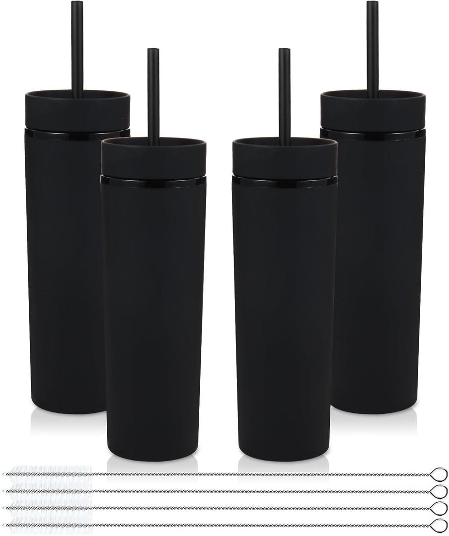Volhoply 16oz Plastic Skinny Tumbler with Lid and Straw Bulk 4 Pack,Insulated Double Wall BPA Free Matte Acrylic Tumblers,Iced Coffee Travel Mug Reusable Party Cup,Customizable Diy Gifts(Black,4 Set)