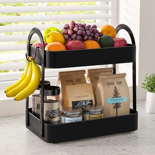 Sakugi Fruit Basket for Kitchen Counter - 2-Tier Metal Fruit Bowl with Movable Banana Hanger, Multi-Purpose Fruit Holder for Kitchen, Bathroom & Living Room, 8.9" D x 13.4" W x 14.0" H, Black