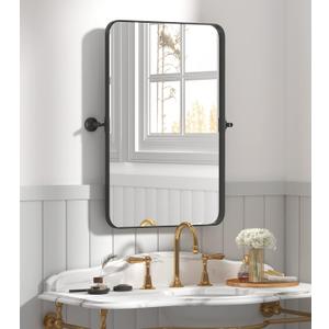 18"x28" Matte Black Pivot Mirror for Bathroom, Metal Frame Farmhouse Bathroom Mirrors for WallRectangle Titling Vanity Mirror with Rounded Corner Adjustable & Tilting