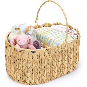 Large Baby Diaper Caddy Organizer, Portable Wicker Water Hyacinth Storage Basket with Handles and Divided Sections, Nursery Tray for Diapers Baby Essentials, Baby Shower Gifts
