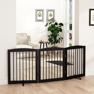 PUPETPO Freestanding Pet Gate for Dogs, Foldable Wooden Dog Gate for House, Indoor Dog Gate for Doorways, Stairs, Gates for Dogs Indoor, Support Feet Included, 24" Height 3 Panels, Brown