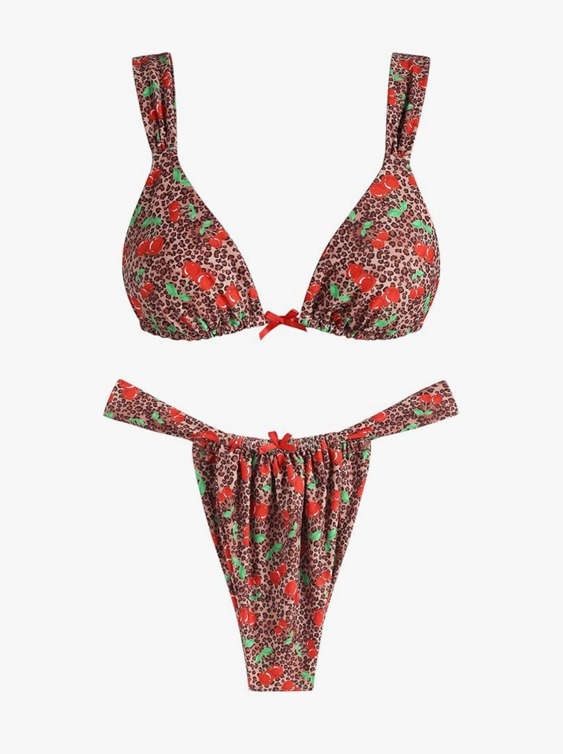 ZAFUL Bikini Sets for Women Triangle Bow Decor Ruffle Straps Lace up Swimsuit 2 Pieces High Cut Bathing Suits L