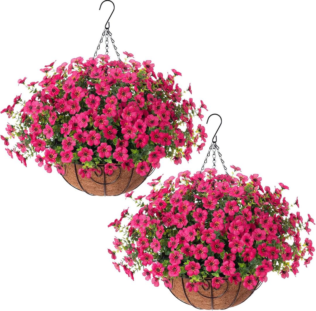HyeFlora 2 Set Artificial Outdoor Flowers Hanging Basket, Faux Hanging Plants for Outside Spring Decoration, Fake Silk UV Resistant Look Real Daisy for Porch Patio Home Decor (Rose Red)