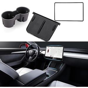 TOPABYTE 3PCS Center Console Accessories for Tesla Model Y 2021-2024 and Model 3 2021-2023 Cup Holder Insert, Screen Edge Protector Frame, Silicone Wireless Charger Mat, Black