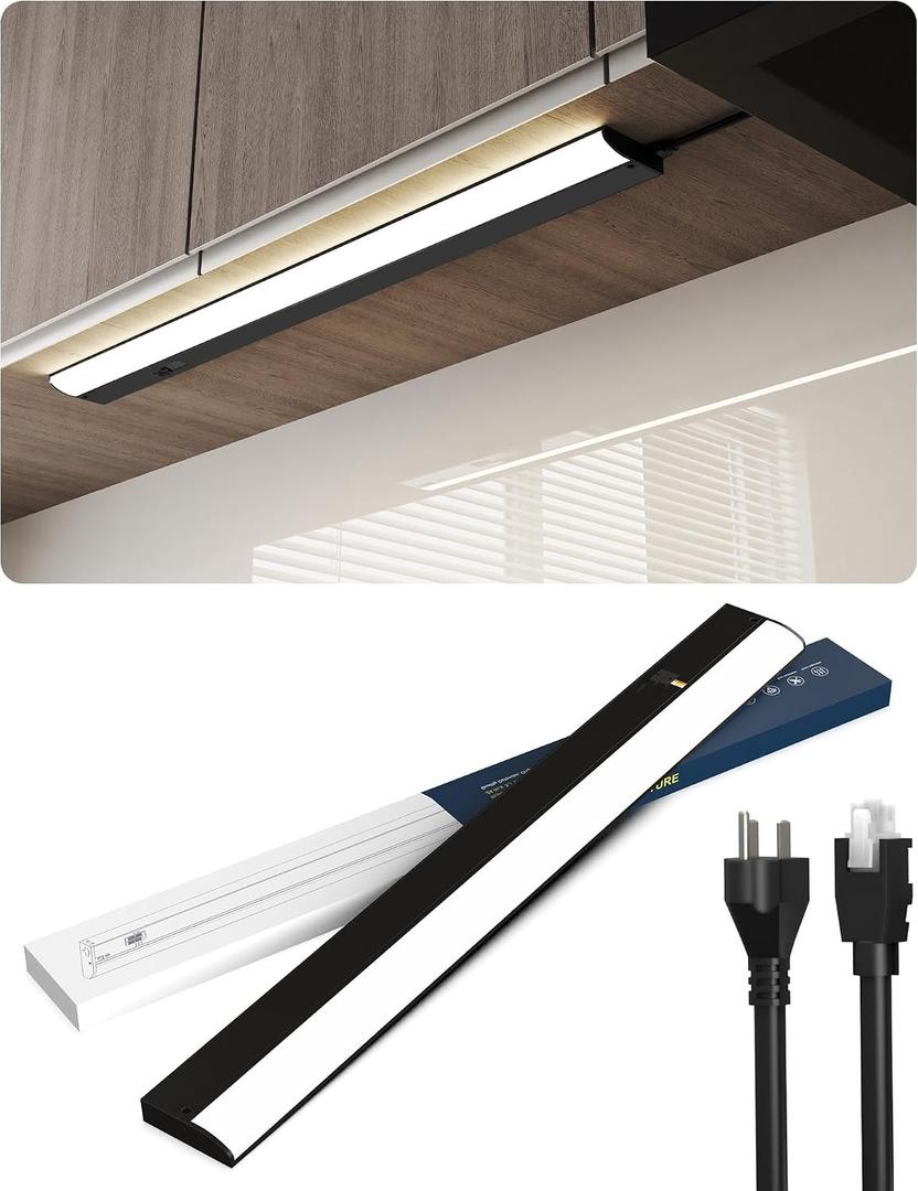 36 Inch LED Under Cabinet Light, Plug in Kitchen Lighting, 3CCT Selectable (3000K/4000K/5000K), CRI94 High Color Accuracy, Linkable, Slim Design Dimmable, Black