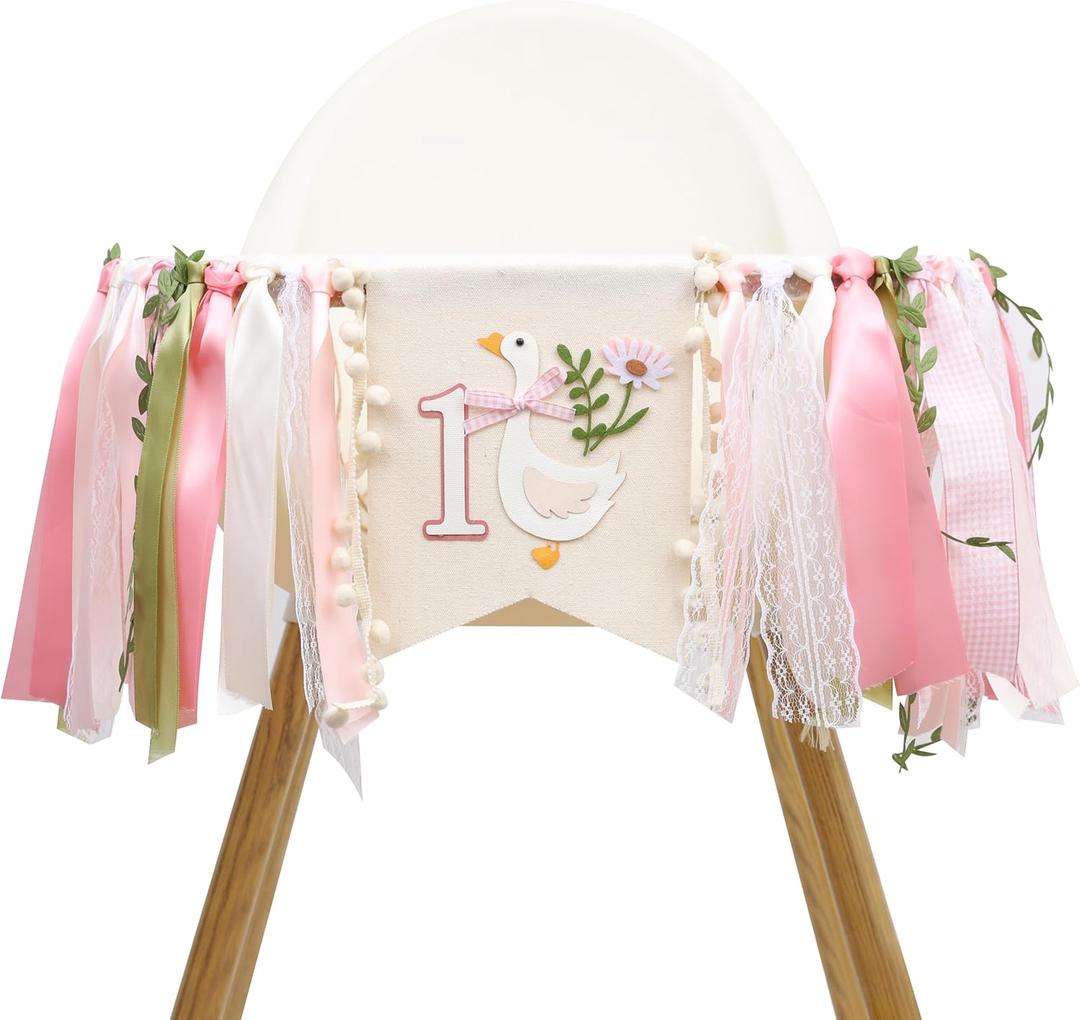 Floral Goose High Chair Banner - Girls First Birthday Decorations,Pink Goose 1st Birthday BannerVintage Goose Animal Party Highchair Garland Photo Props