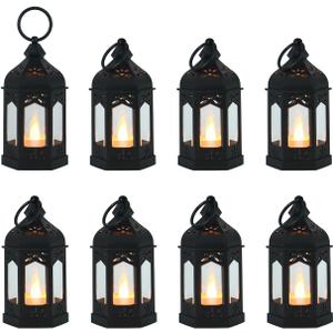 LLQ 8Pcs Mini Lanterns for Centerpiece, Ramadan Decorations, Battery Included, Decorative Candle Lanterns for Indoor, Small Vintage Lantern for Halloween Christmas Wedding Table Decor, Black