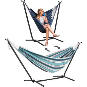 SUNCREAT 2-in-1 Convertible Backyard Fabric Hammock with Stand, Large Hammocks for Outside, Green & Orange
