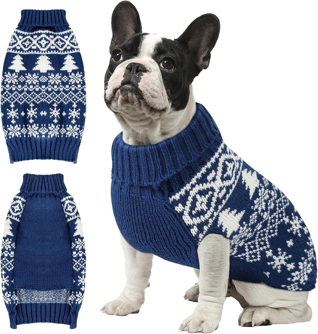 Christmas Dog Sweaters for Small Medium Large Dogs and Cats,Pet Soft Warm Holiday Outfit Girl & Boy,Pup Winter Clothes Turtleneck Double Knitting Collar for Outdoors Playing (Blue,Large)