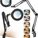 10X Magnifying Glass with Light and Clamp, Ultra Long 3 Section Swing Arm LED Desk Lamp, Real Glass Lens, 5 Color Modes Dimmable, Hands Free Lighted Magnifier with Stand for Repair Craft Close Work (Black)