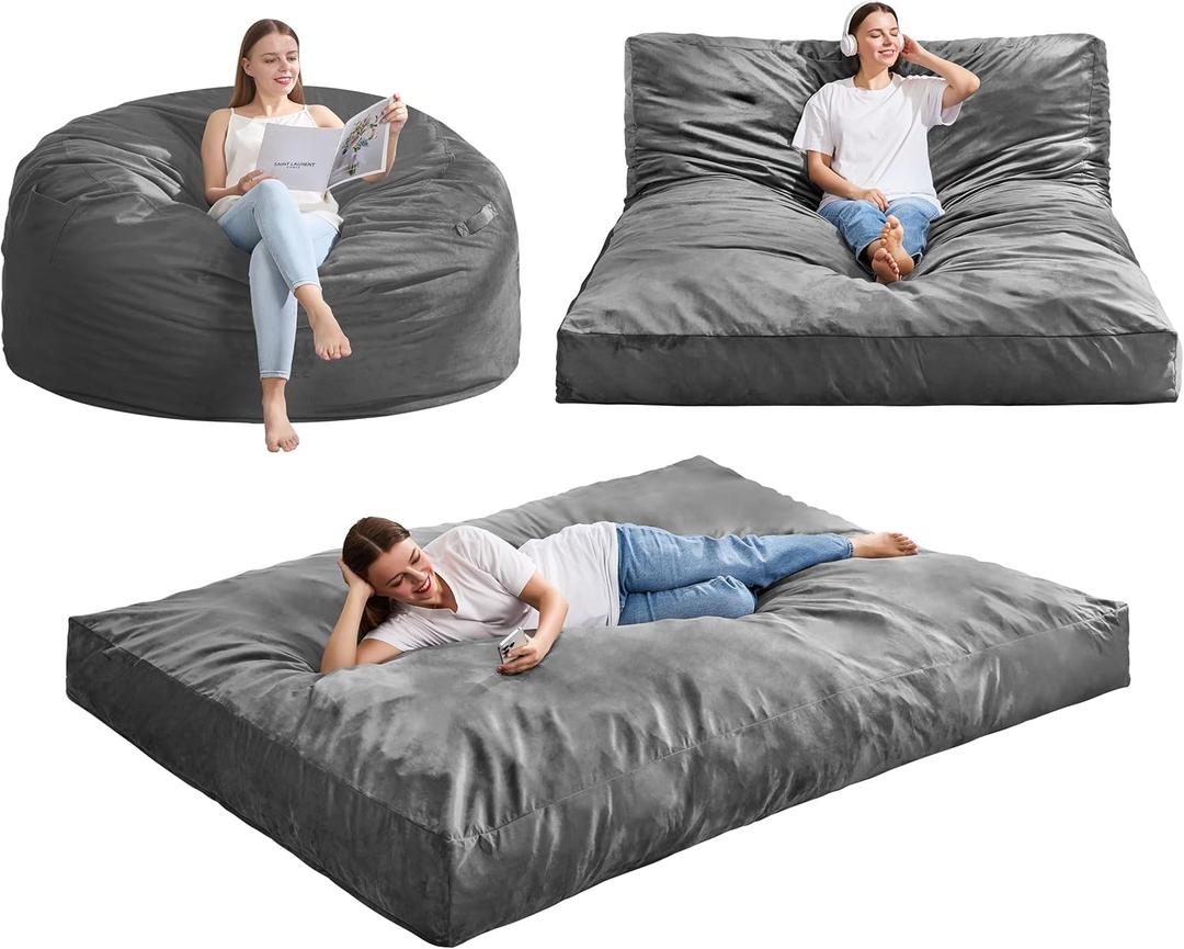 Hobestluk Giant Bean Bag Chair Bed for Adults, Large Bean Bags with High-Density Foam Filling, Convertible Big Sofa Bed Couch for Living Room, Bedroom, Playroom (Grey, Queen) (Light Gray)