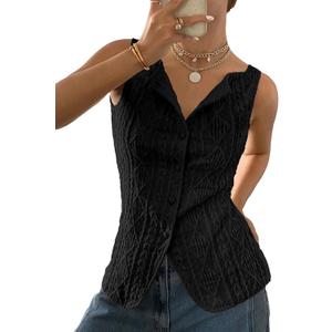 BLENCOT Women's Vest Top Slim Fitted Button Down Knit Vests Stretchy Textured Jacquard Going Out Tops, Medium