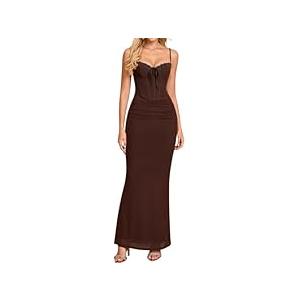 KUTUMAI Vintage Lace Corset Floral Maxi Long Dress Bodycon Ruched Tie Formal Wedding Guest Dresses for Women Elegant Brown XL
