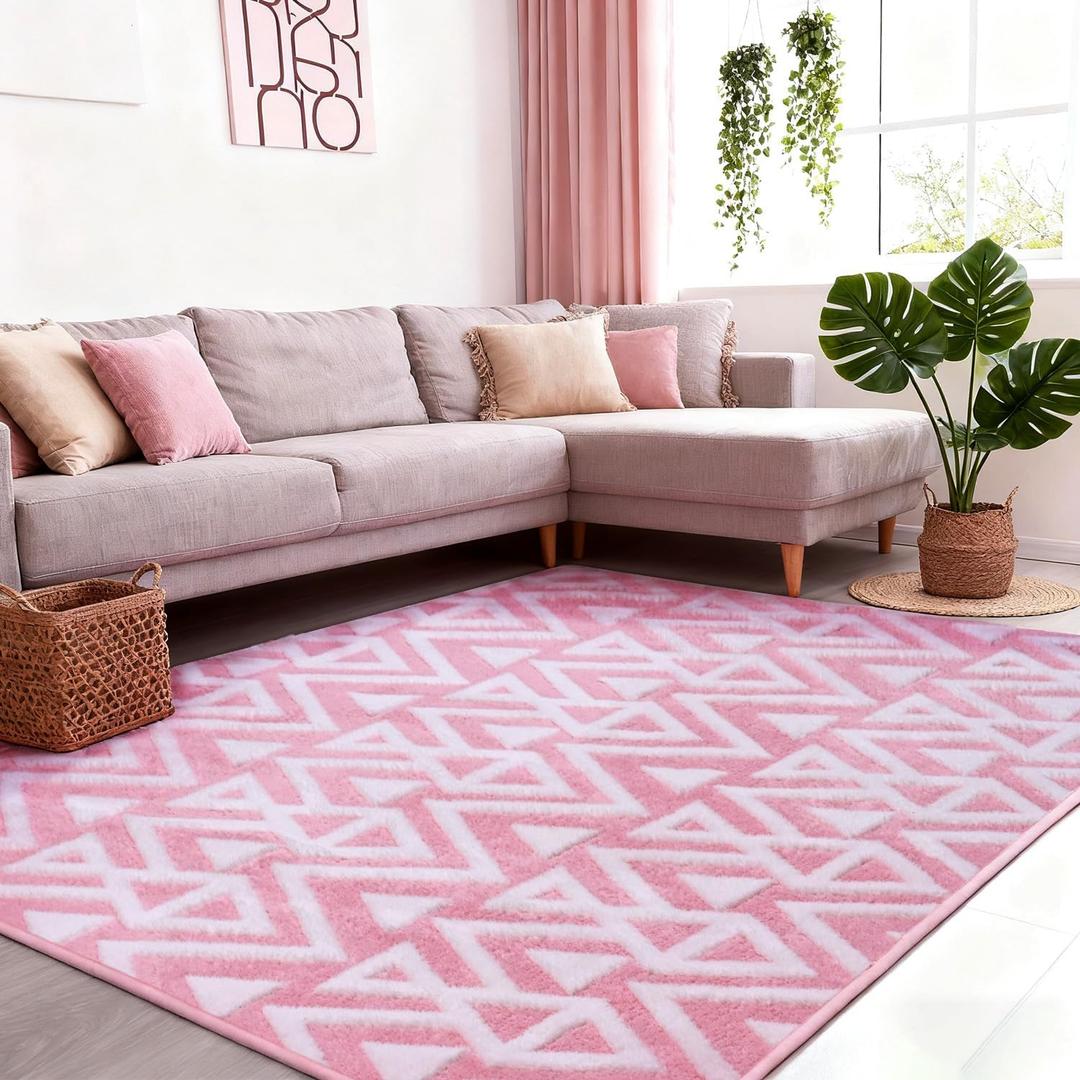 Ompaa Ultra Soft Shaggy Rugs Memory Foam Bedroom Carpet, Pink 4 x 6 Feet, Plush Geometric Textured Area Rugs for Living Room Couch Dorm Bedside Kids Girls Teens Room Nursery Decor Floor Mat