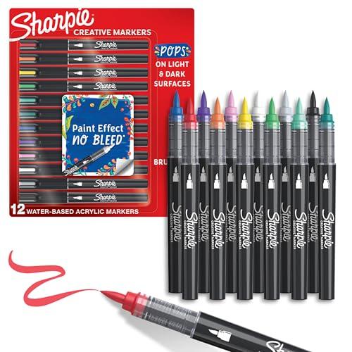 Sharpie Creative Markers, Water-Based Acrylic, Brush Tip, Assorted Colors, 12 Count – Arts & Crafts, Kids Activity, School Classroom; Works on Paper, Metal, Wood, Ceramic, Glass, Rock, Canvas