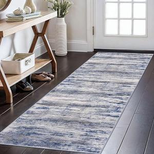 KOZYFLY Modern Abstract Washable Rug Runner 2x6 Runners for Hallways Non-Slip Soft Kitchen Runner Rugs, Print Grey-Blue Striped Carpet Runner for Entryway Bathroom Laundry Room Foyer