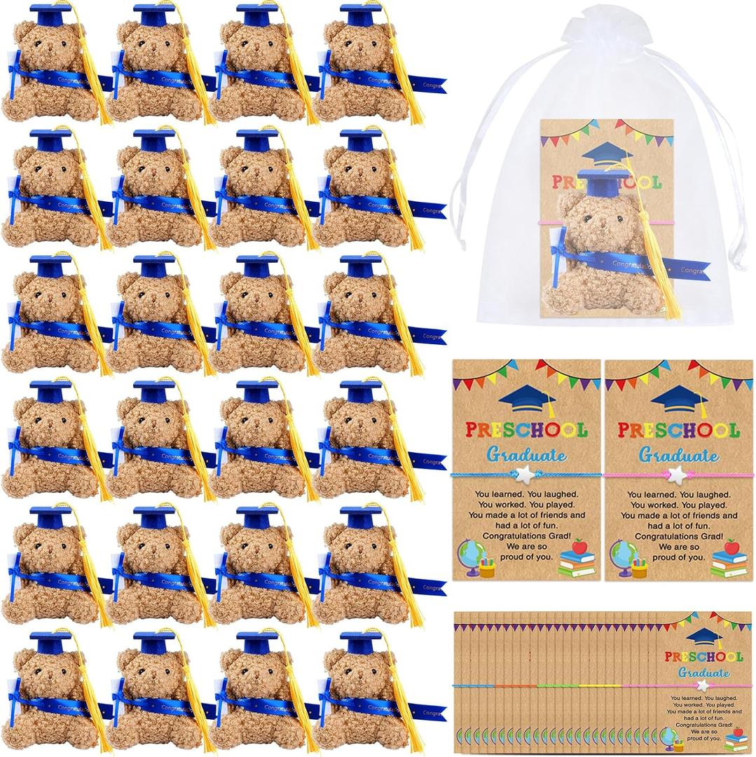 25 Set Preschool Graduation Bear Gift Bulk, Mini Grad Bear with Adjustable Star Bracelets Card Bags, 2026 Preschool PreK Graduation Gifts from Teacher for Kids Student Party Favor Decorations, Blue