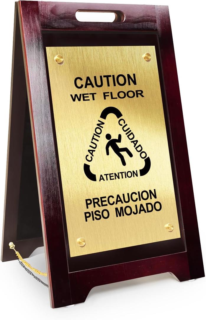 Wooden Wet Floor Sign Warning Sign, Foldable Metal Double-sided Panel, Suitable for Schools, Offices, Hotels, Restrooms, Decks and Other Areas （A few decorative screw caps may fall off, which can be easily fixed with glue）