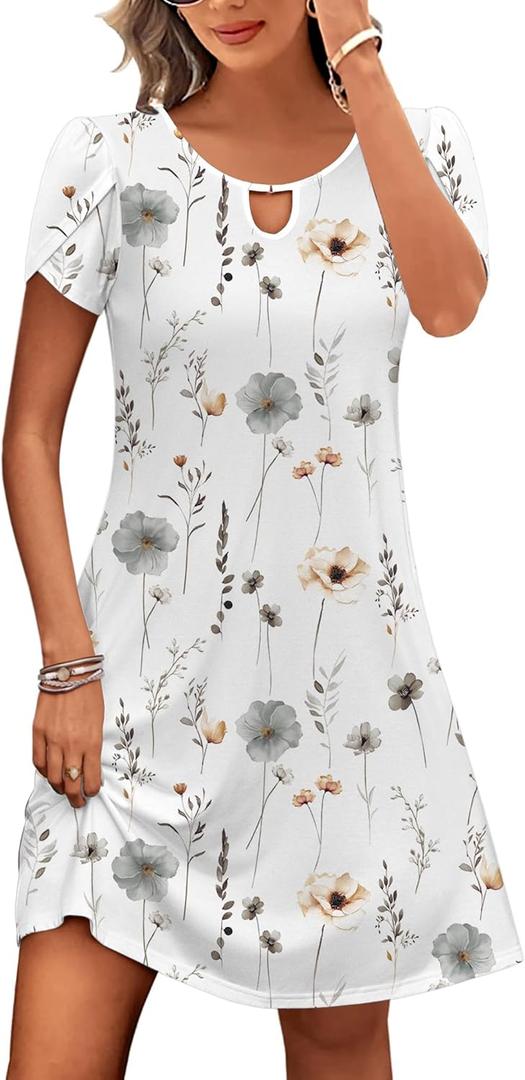 HOTOUCH Womens Casual Dress Short Sleeve Summer Dress with Pockets Round Neck Petite Dress Loose A Line Dress Hawaiian Dresses White-Print XX-Large