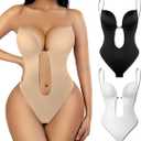 Atinxong Backless Shapewear for Women Tummy Control Backless Body Shaper Plus Size Thong Shapewear Bodysuit with Built-in Bra(Beige, S)